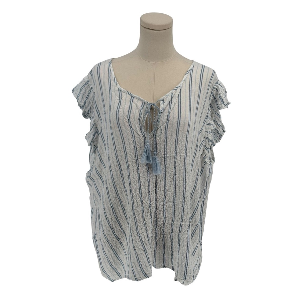 Jane + Delancey Blouse Blue White Striped Ruffle Tassel Tie Neck XL